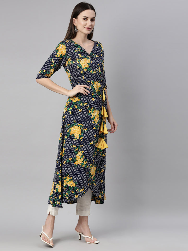 Neerus Navy Blue Yellow Color Rayon Fabric Kurta