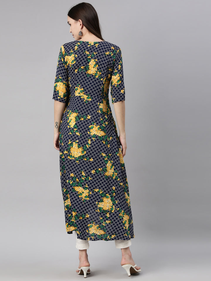 Neerus Navy Blue Yellow Color Rayon Fabric Kurta