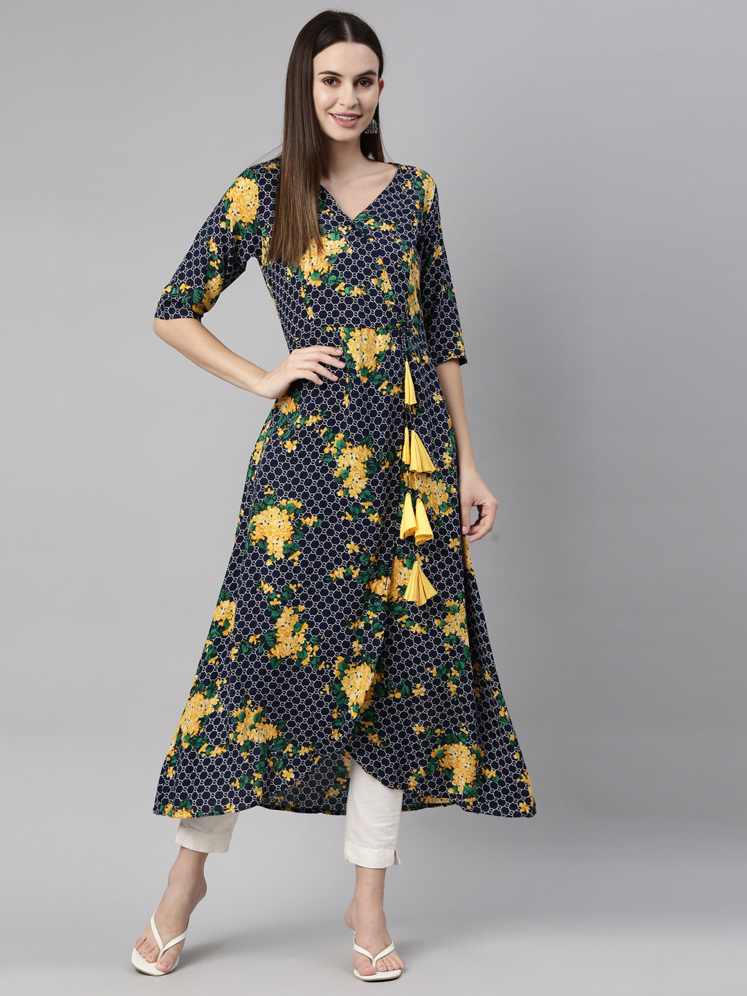 Neerus Navy Blue Yellow Color Rayon Fabric Kurta