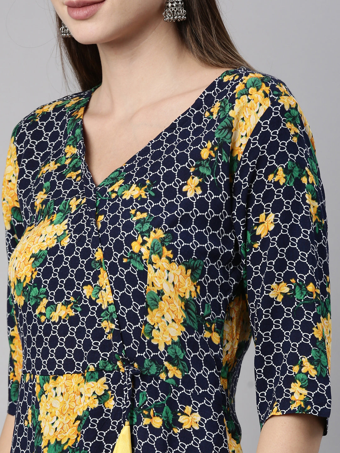 Neerus Navy Blue Yellow Color Rayon Fabric Kurta