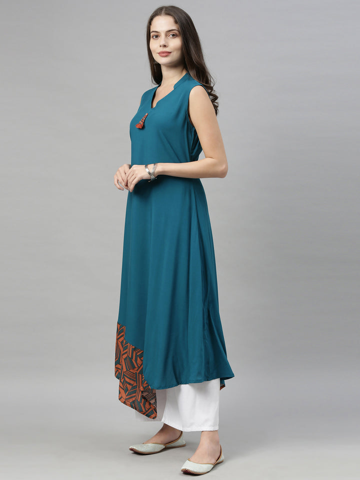 Neerus Blue printed high-low kurta - detail view 1