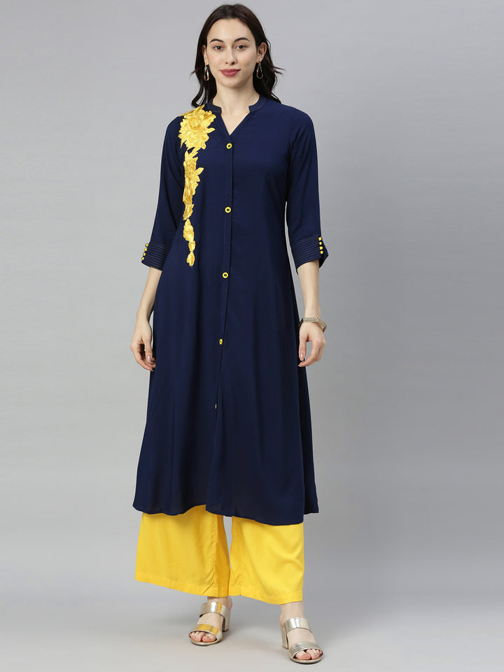 Neerus Blue embroidered A-line kurta - front view