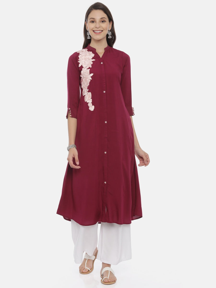 Neerus Maroon rayon embroidered A-line kurta - front view