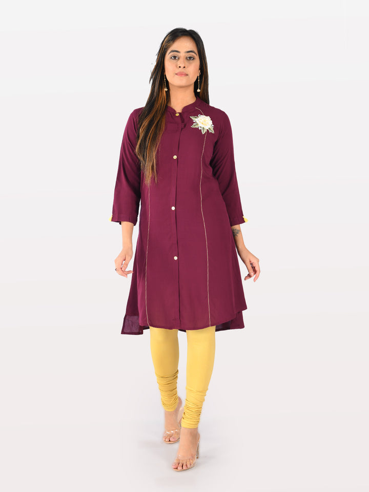 Neerus Maroon rayon embroidered A-line kurta - detail view 4