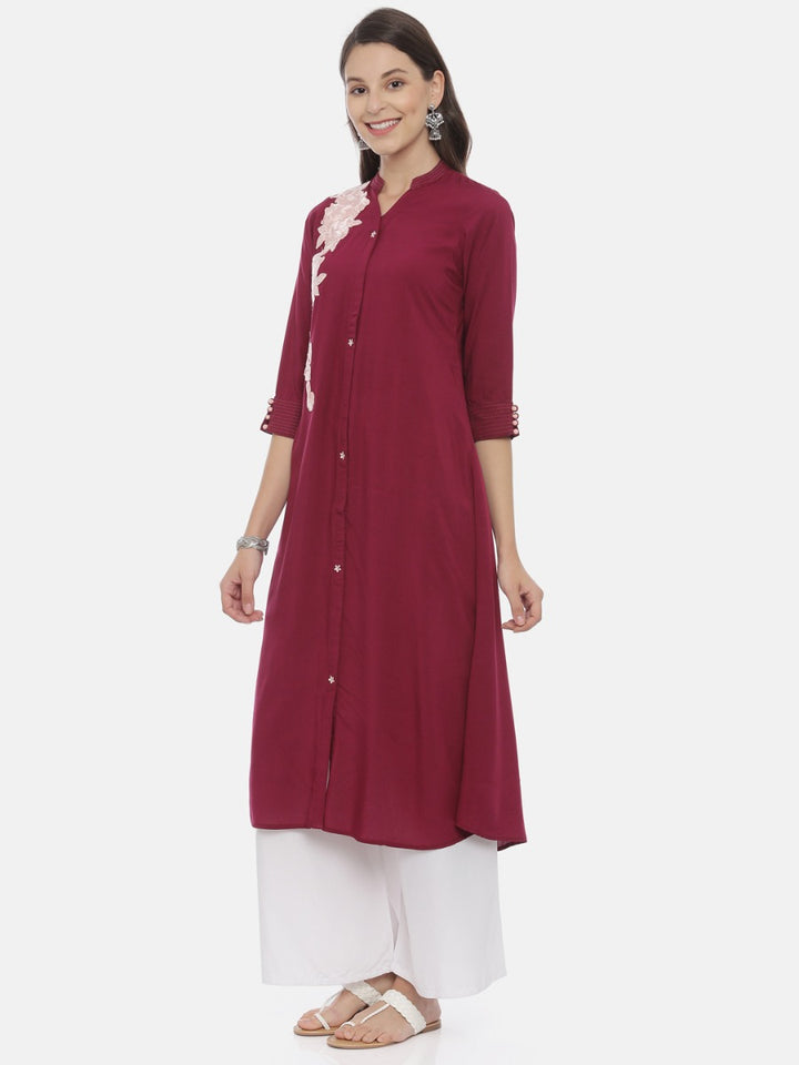 Neerus Maroon rayon embroidered A-line kurta - side view