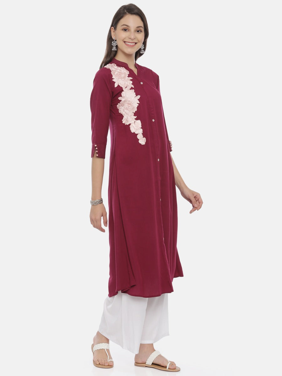 Neerus Maroon rayon embroidered A-line kurta - detail view 1