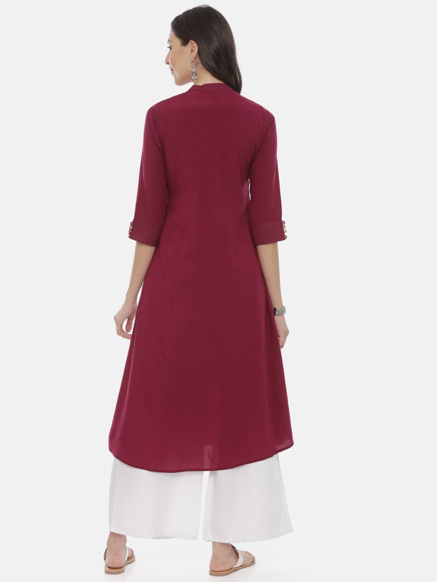 Neerus Maroon rayon embroidered A-line kurta - detail view 2