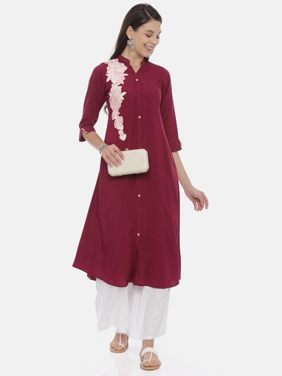 Neerus Maroon rayon embroidered A-line kurta - detail view 3