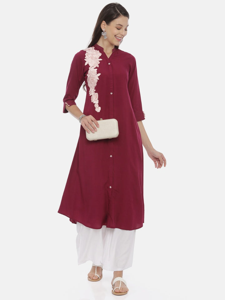 Neerus Maroon rayon embroidered A-line kurta - detail view 3