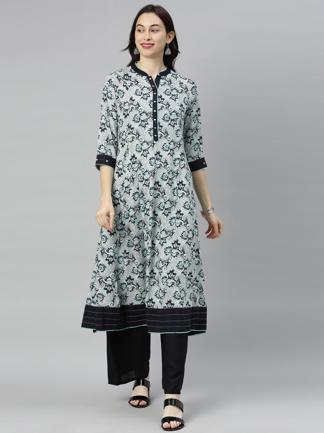 Neerus Blue printed flared kurta - front view