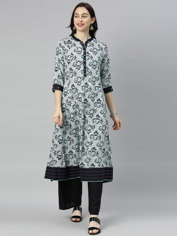 Neerus Blue printed flared kurta - front view