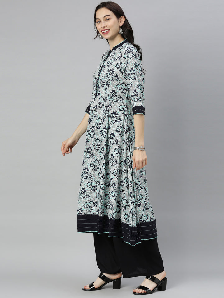 Neerus Blue printed flared kurta - detail view 2