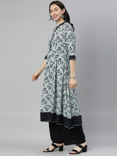 Neeru's Blue Printed Flared Kurta