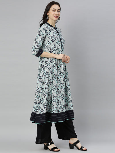 Neeru's Blue Printed Flared Kurta