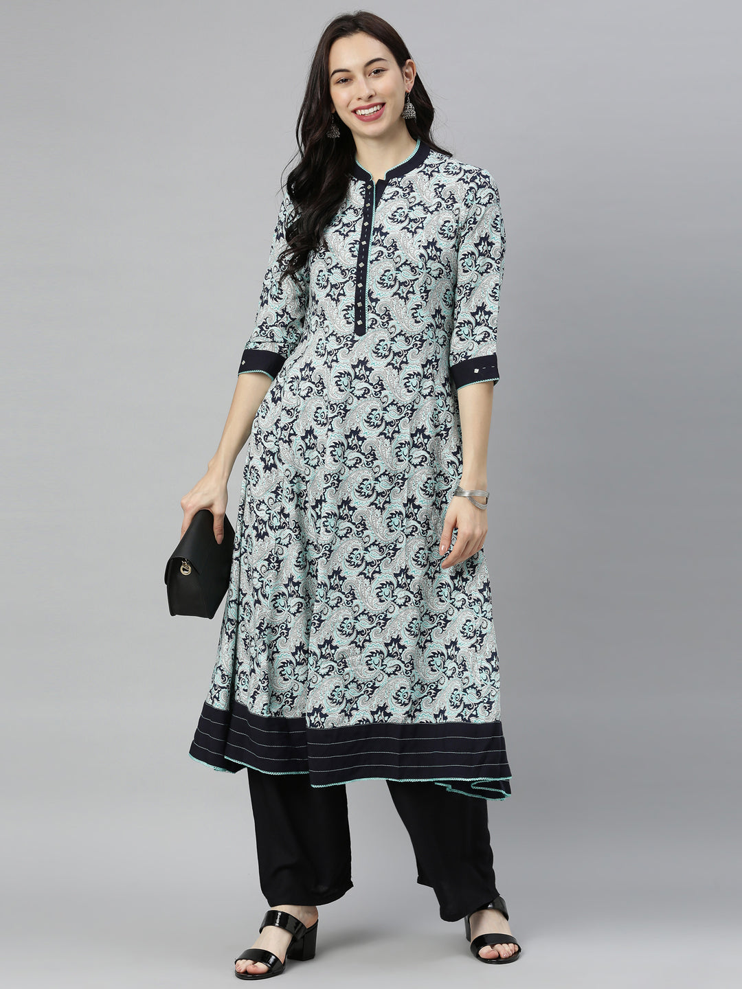Neerus Blue printed flared kurta - detail view 5