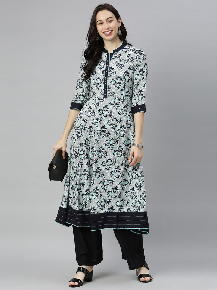 Neerus Blue printed flared kurta - detail view 5