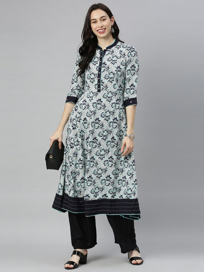 Neeru's Blue Printed Flared Kurta