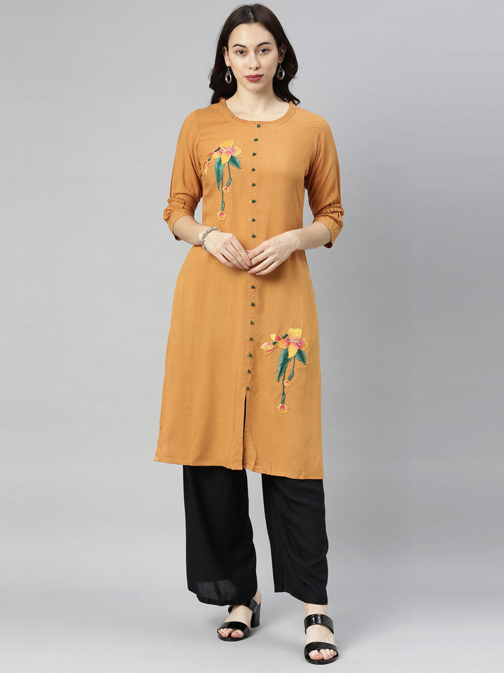 Neerus Brown embroidered straight kurta - front view