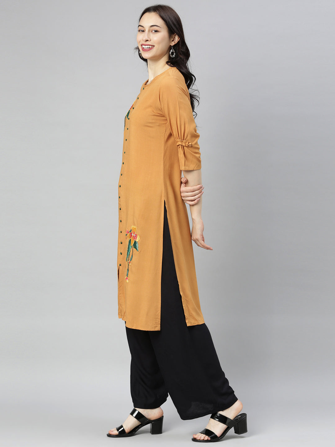 Neerus Brown embroidered straight kurta - detail view 2