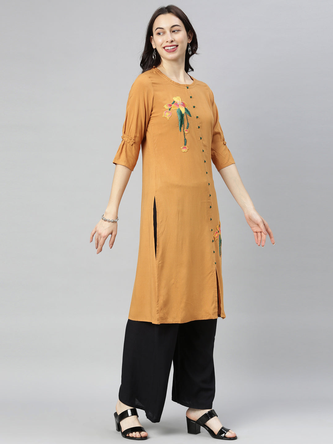 Neerus Brown embroidered straight kurta - detail view 3