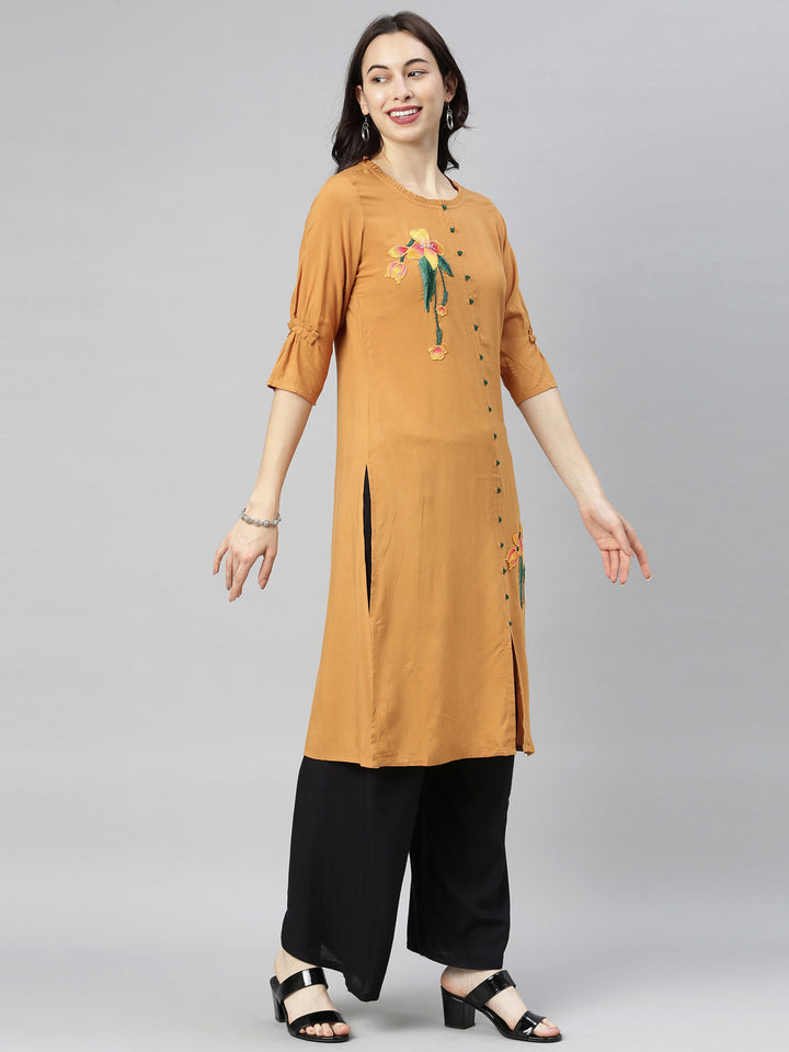 Neerus Brown embroidered straight kurta - detail view 3