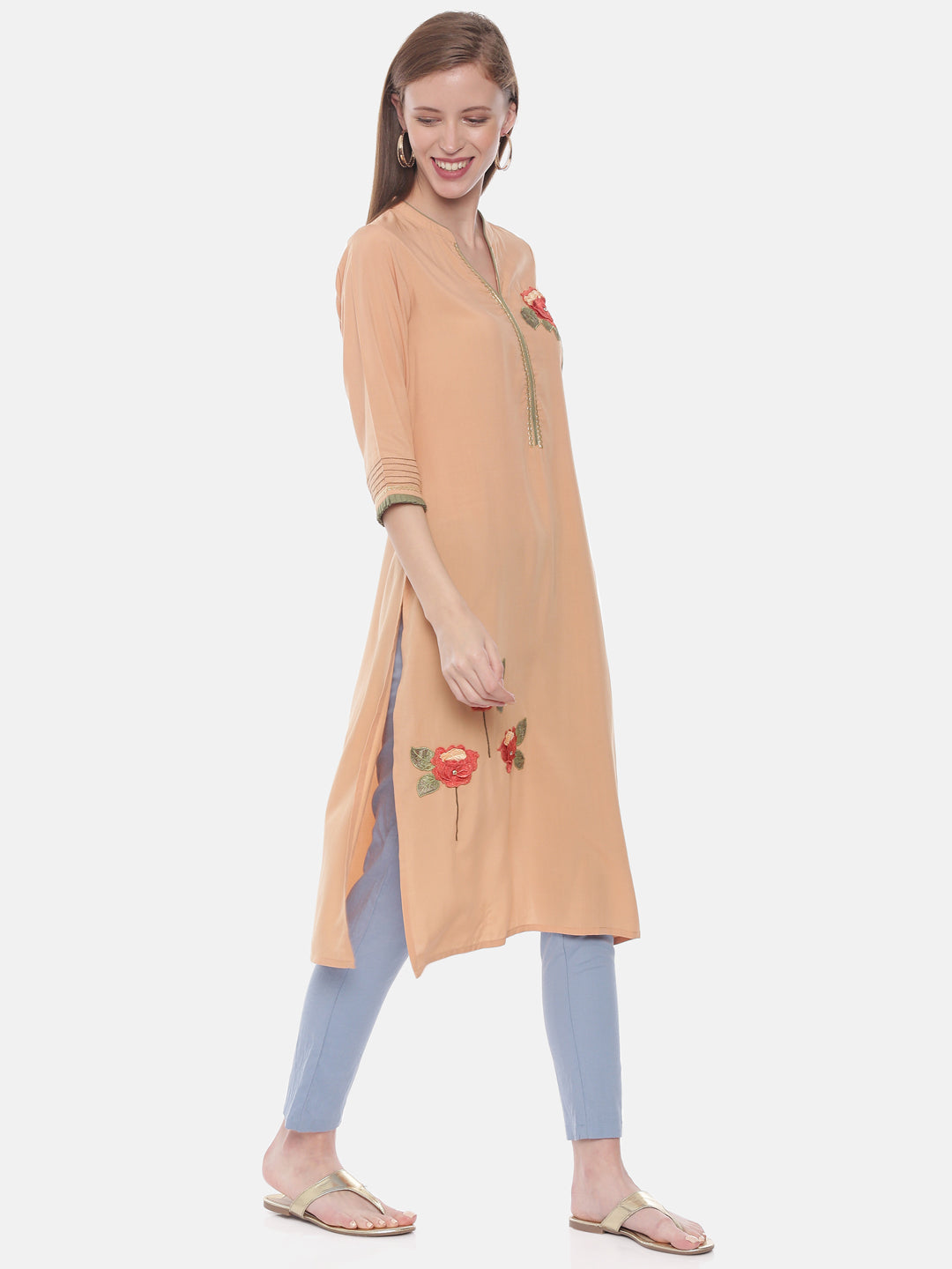 Neeru's Peach Embroidered Straight Kurta