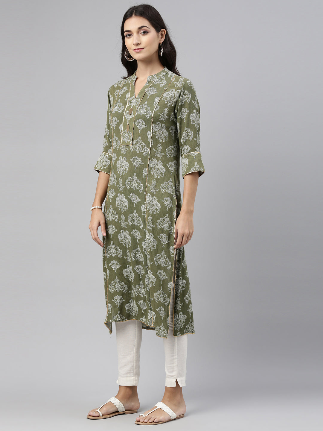 Neerus Green rayon straight kurti - detail view 2