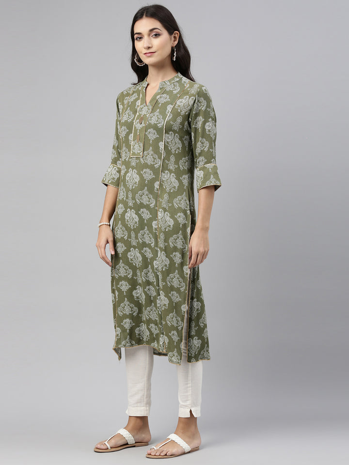 Neerus Green rayon straight kurti - detail view 2