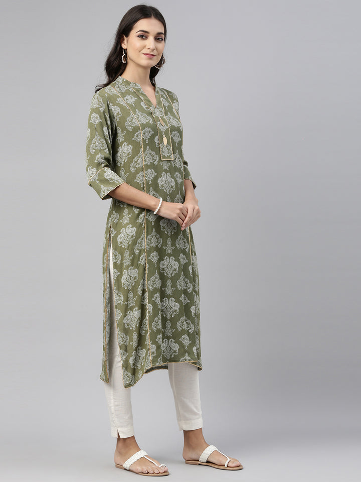 Neerus Green rayon straight kurti - detail view 3
