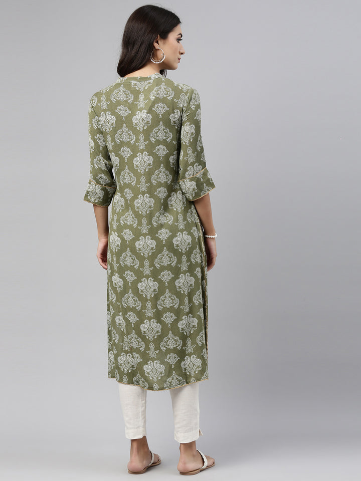 Neerus Green rayon straight kurti - detail view 4