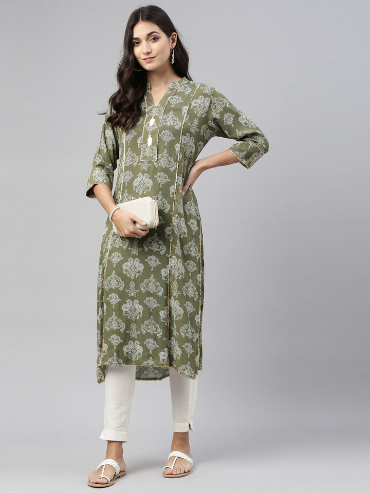 Neerus Green rayon straight kurti - front view