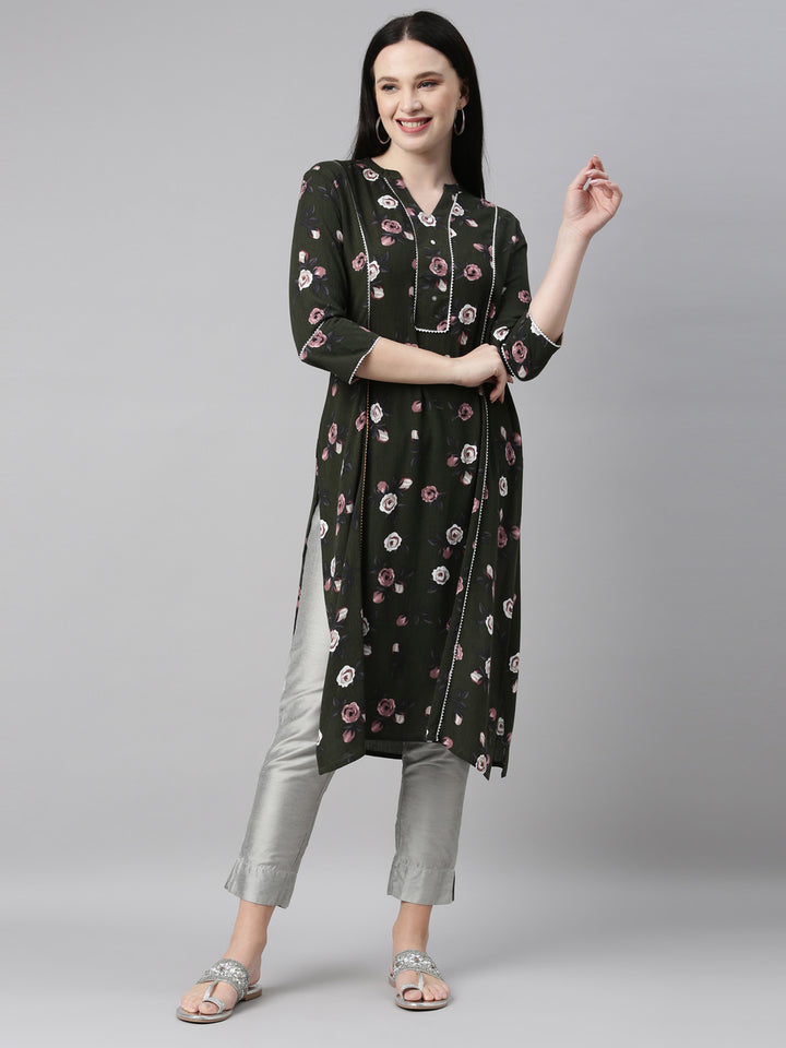 Neerus Green chiffon straight kurta - front view