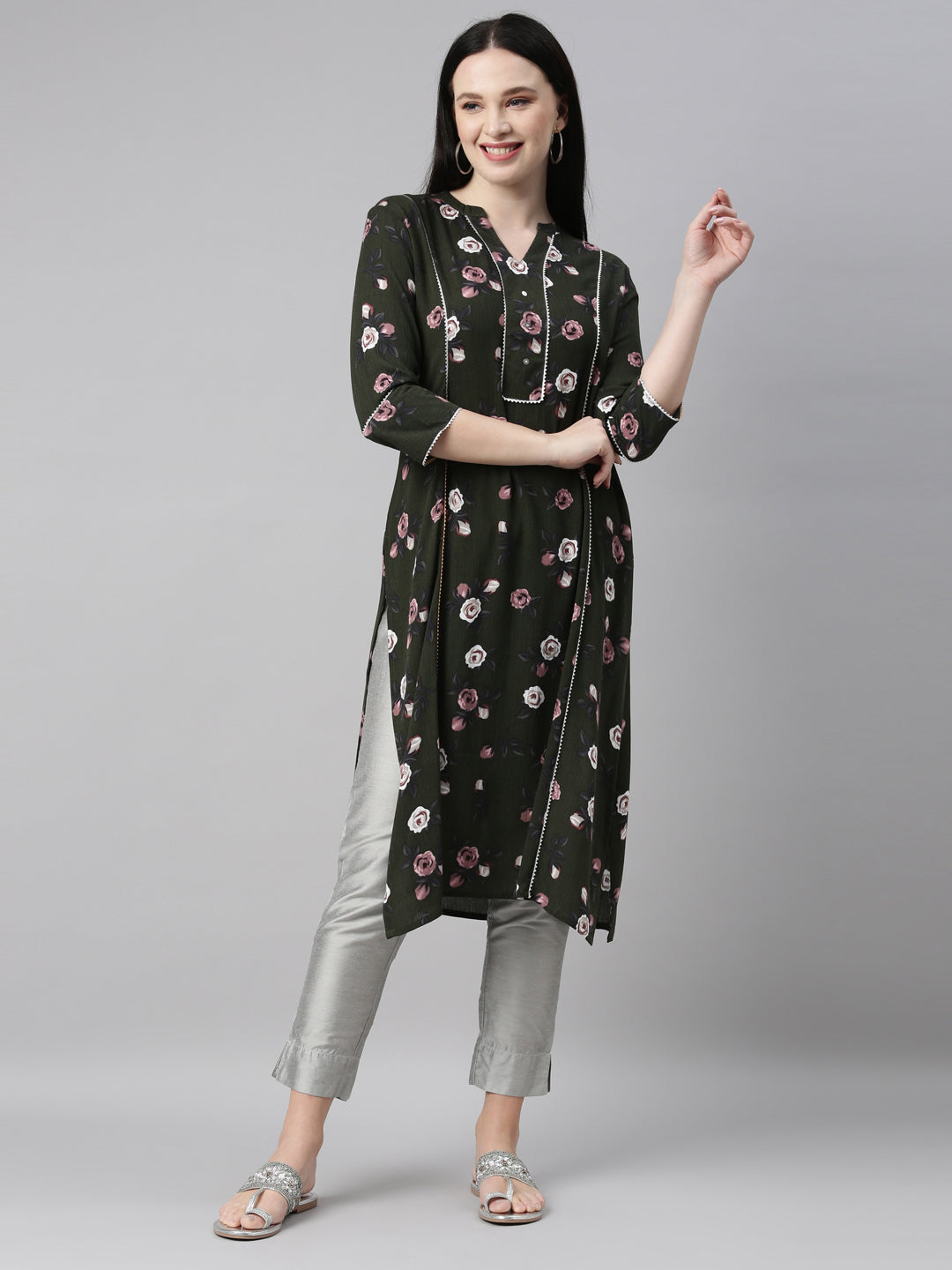 Neerus Green chiffon straight kurta - detail view 21