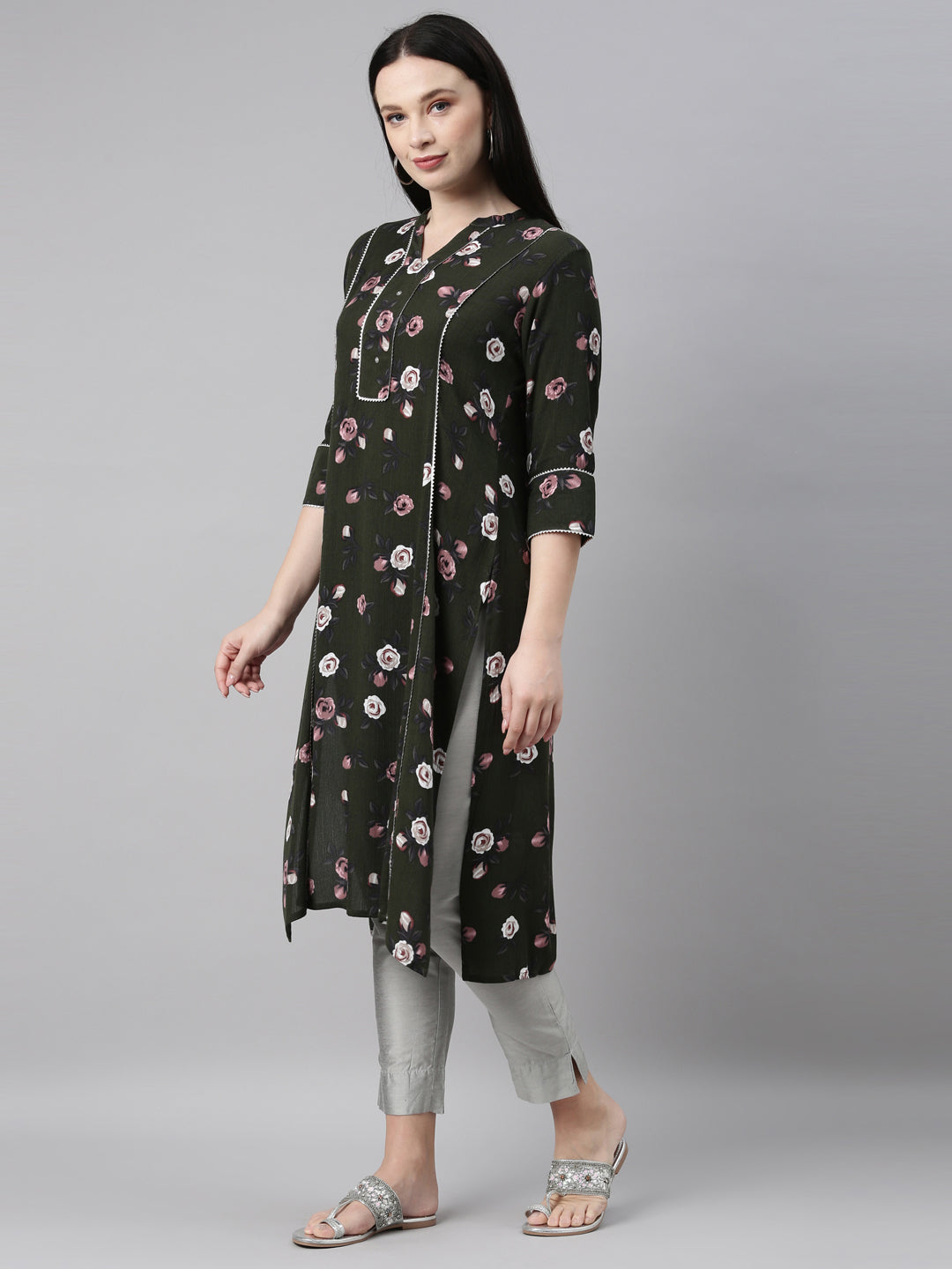 Neerus Green chiffon straight kurta - side view