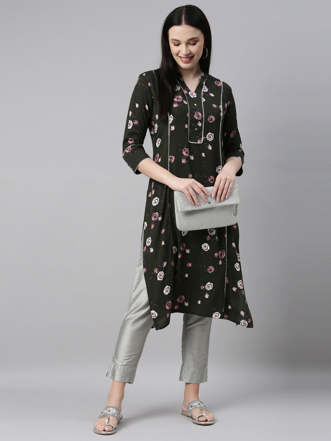 Neerus Green chiffon straight kurta - detail view 11