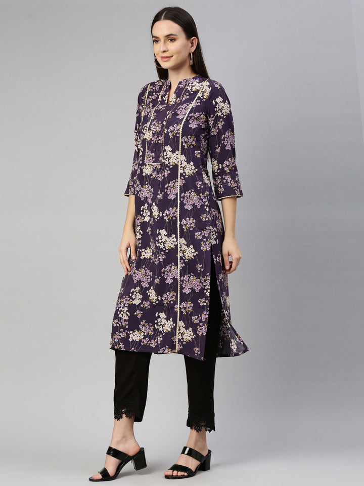 Neerus Purple rayon printed kurti - side view