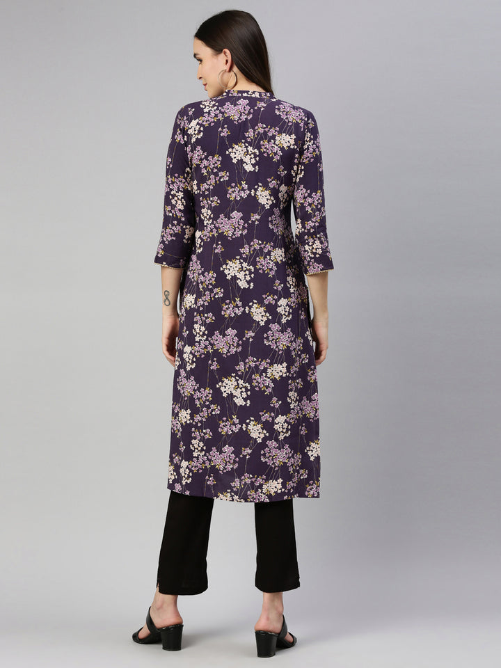 Neerus Purple rayon printed kurti - detail view 2