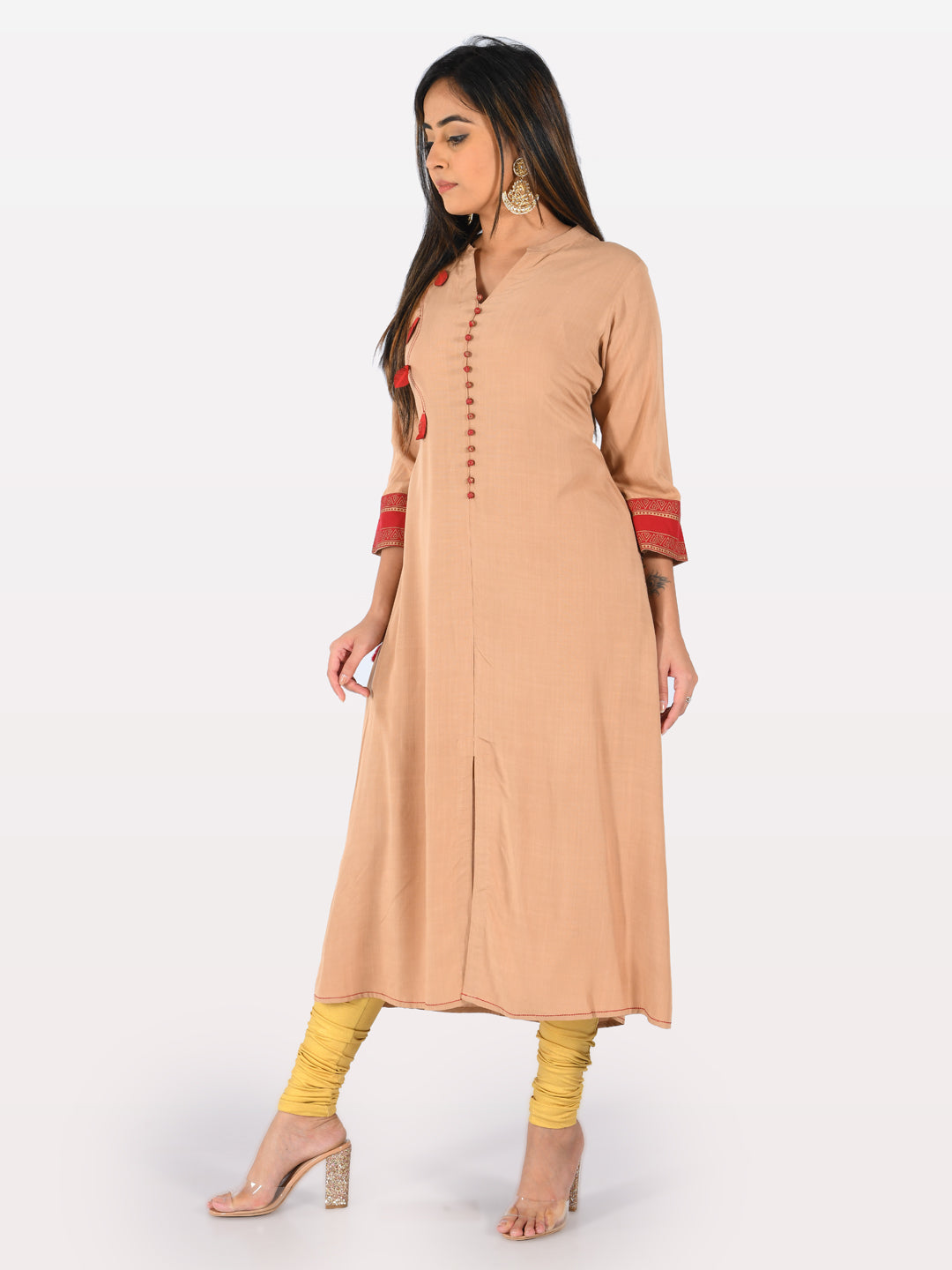 Neerus Orange rayon A-line kurta - front view