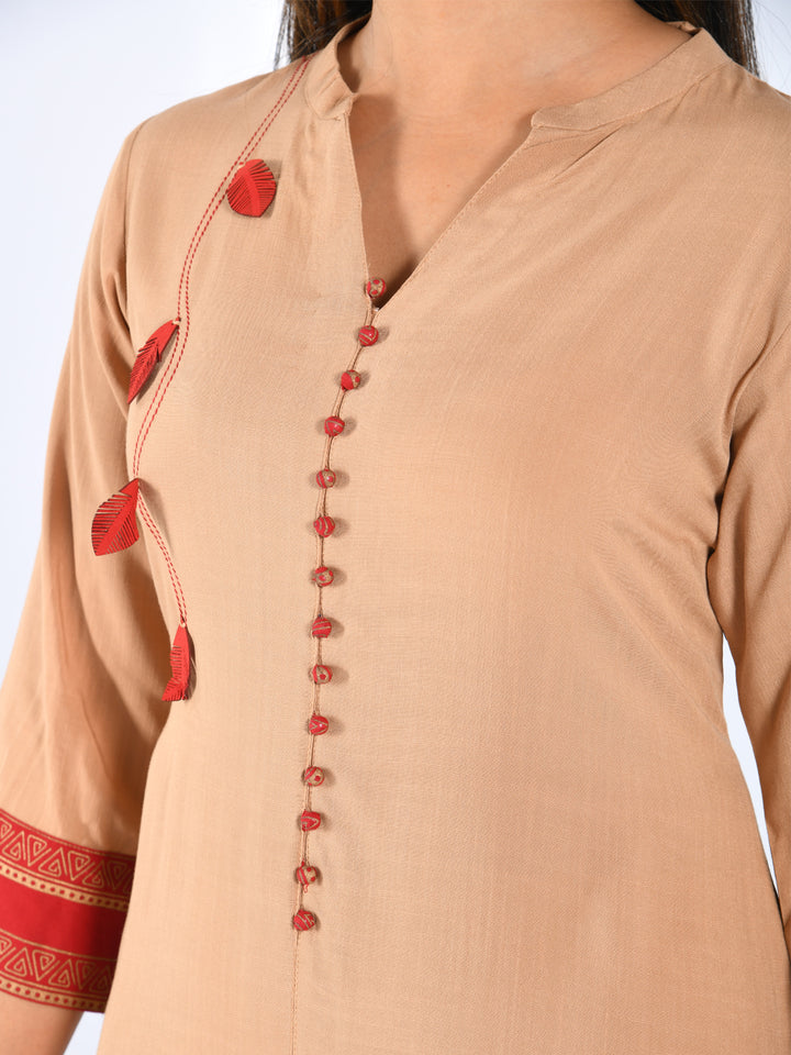 Neerus Orange rayon A-line kurta - side view