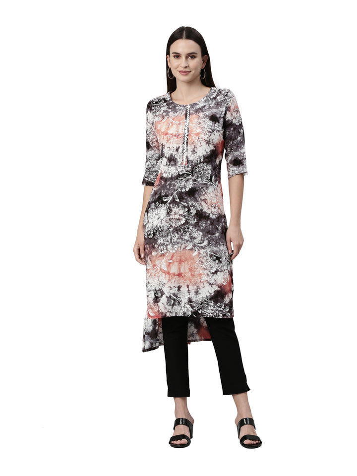 Neerus Black Rayon Printed Kurta - front view