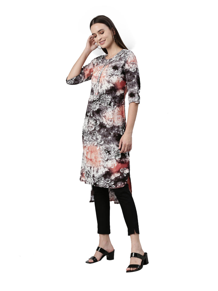 Neerus Black Rayon Printed Kurta - side view