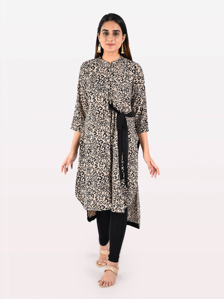 Neerus Beige Printed High Low Kurta