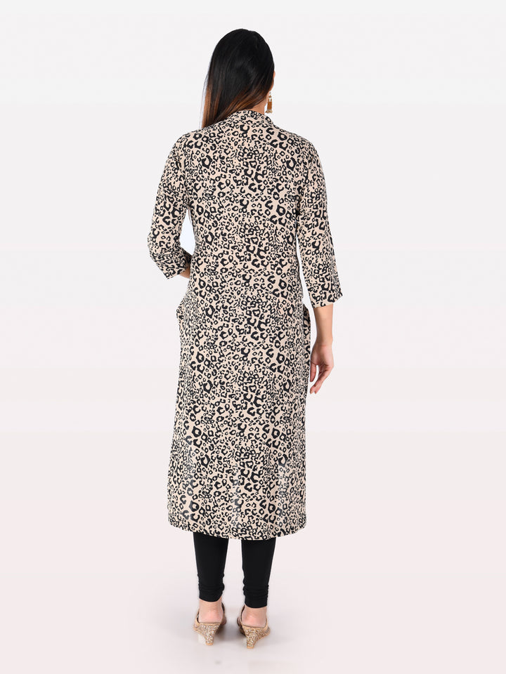 Neerus Beige Printed High Low Kurta