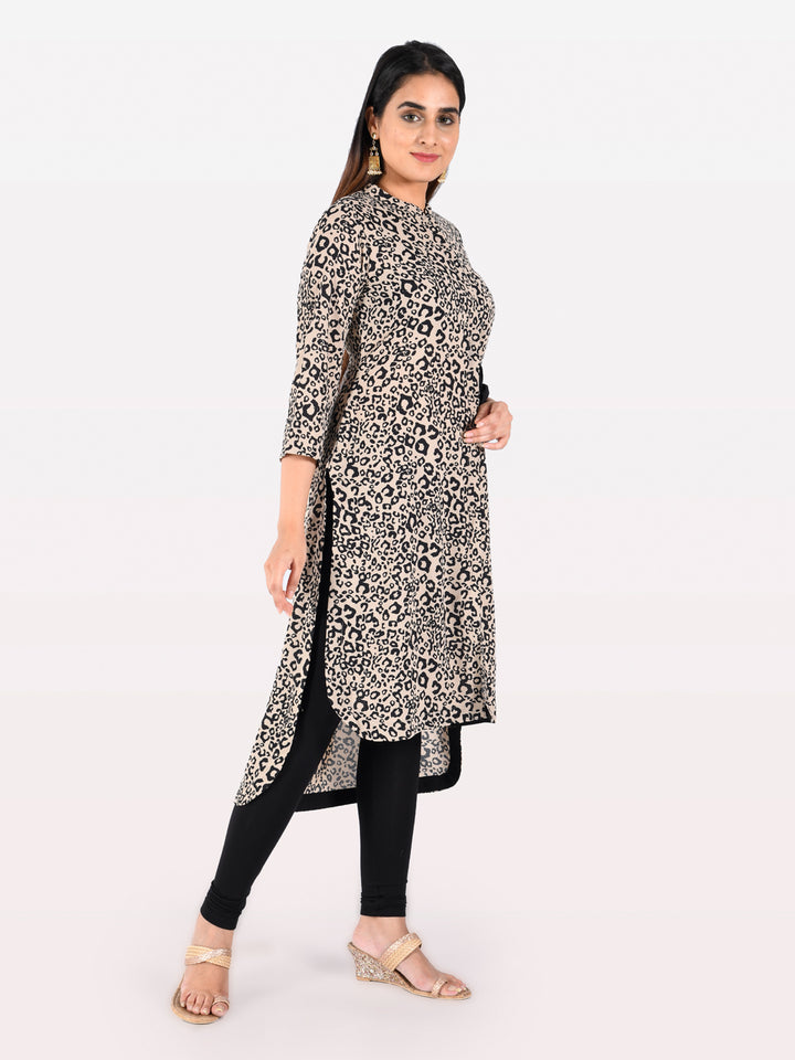 Neerus Beige Printed High Low Kurta