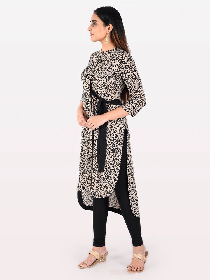 Neerus Beige Printed High Low Kurta