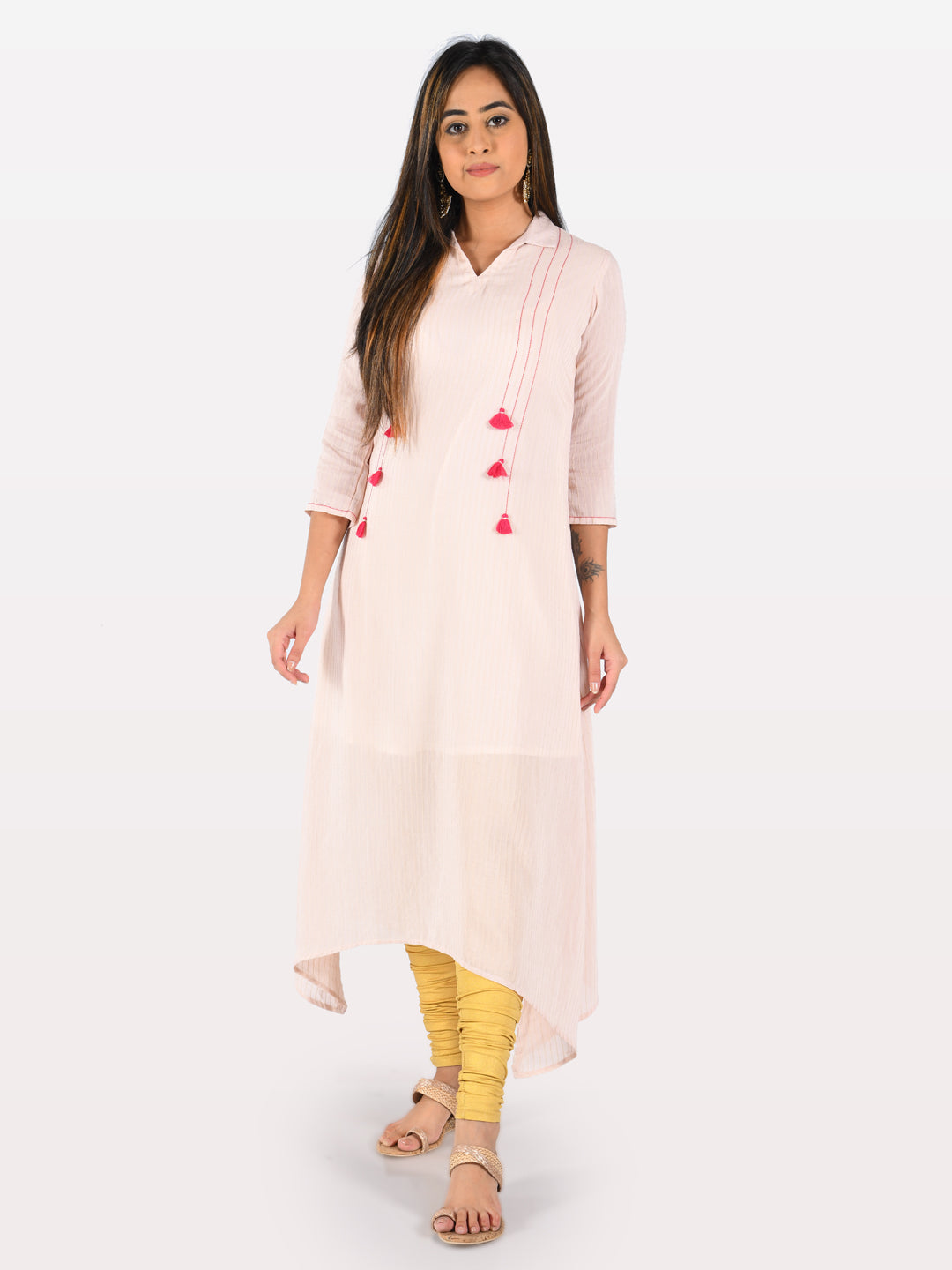 Neerus Orange muslin printed high-low kurta - detail view 2