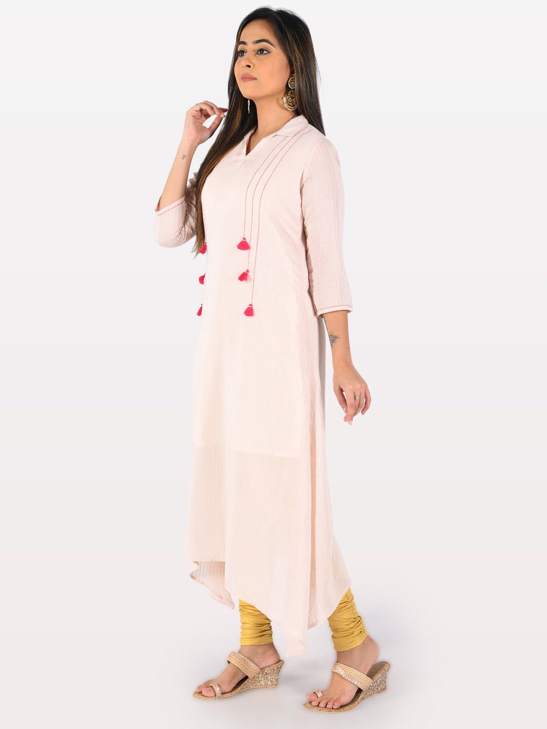 Neerus Orange muslin printed high-low kurta - front view