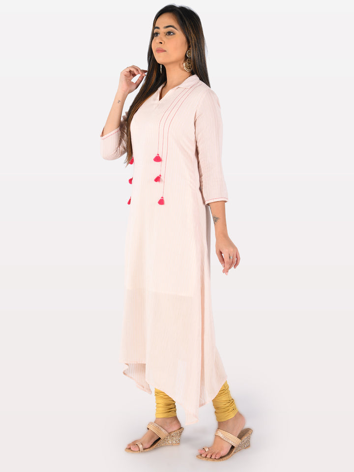 Neerus Orange muslin printed high-low kurta - front view