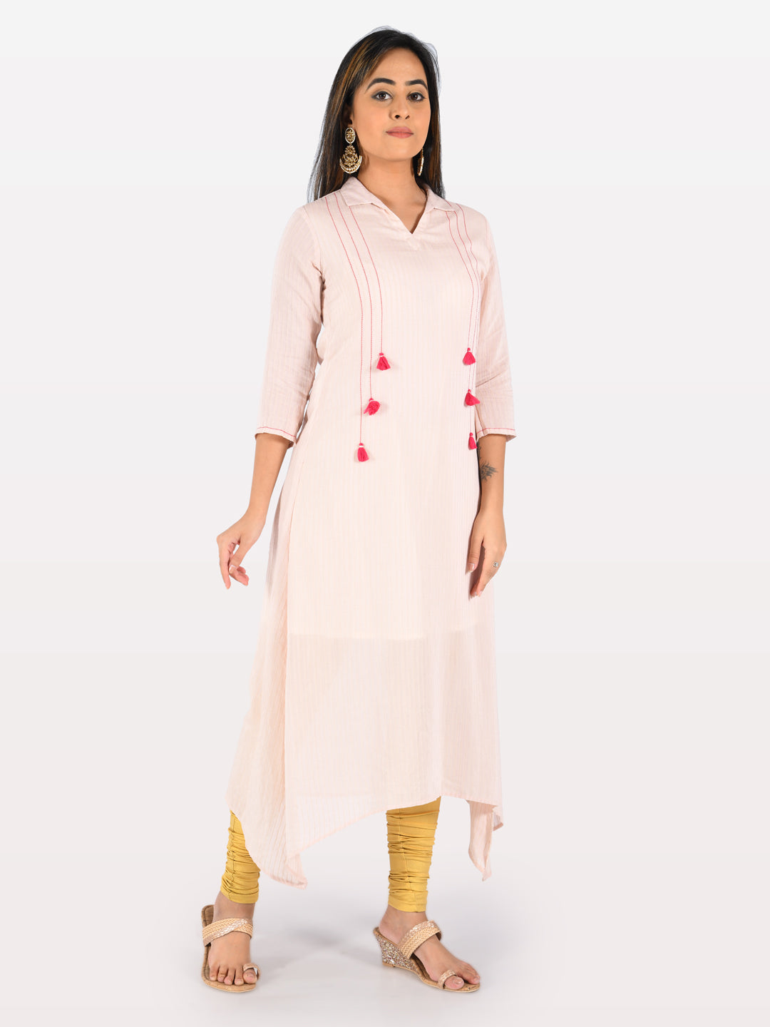 Neerus Orange muslin printed high-low kurta - back view