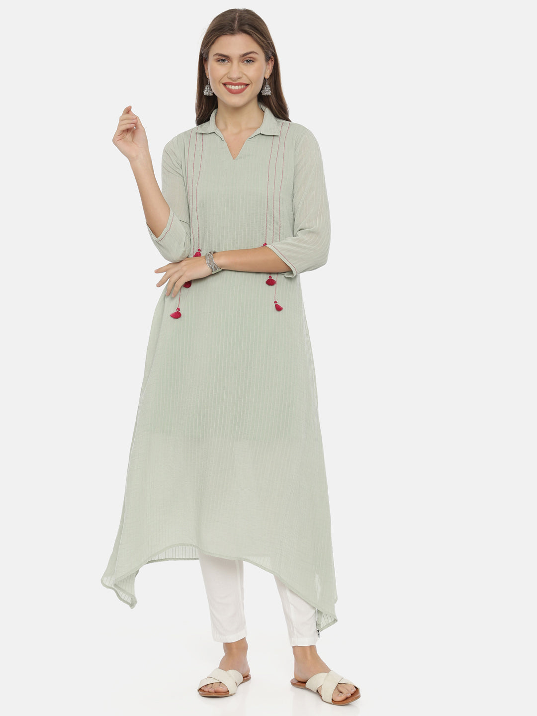 Neerus Green muslin printed high-low kurta - front view